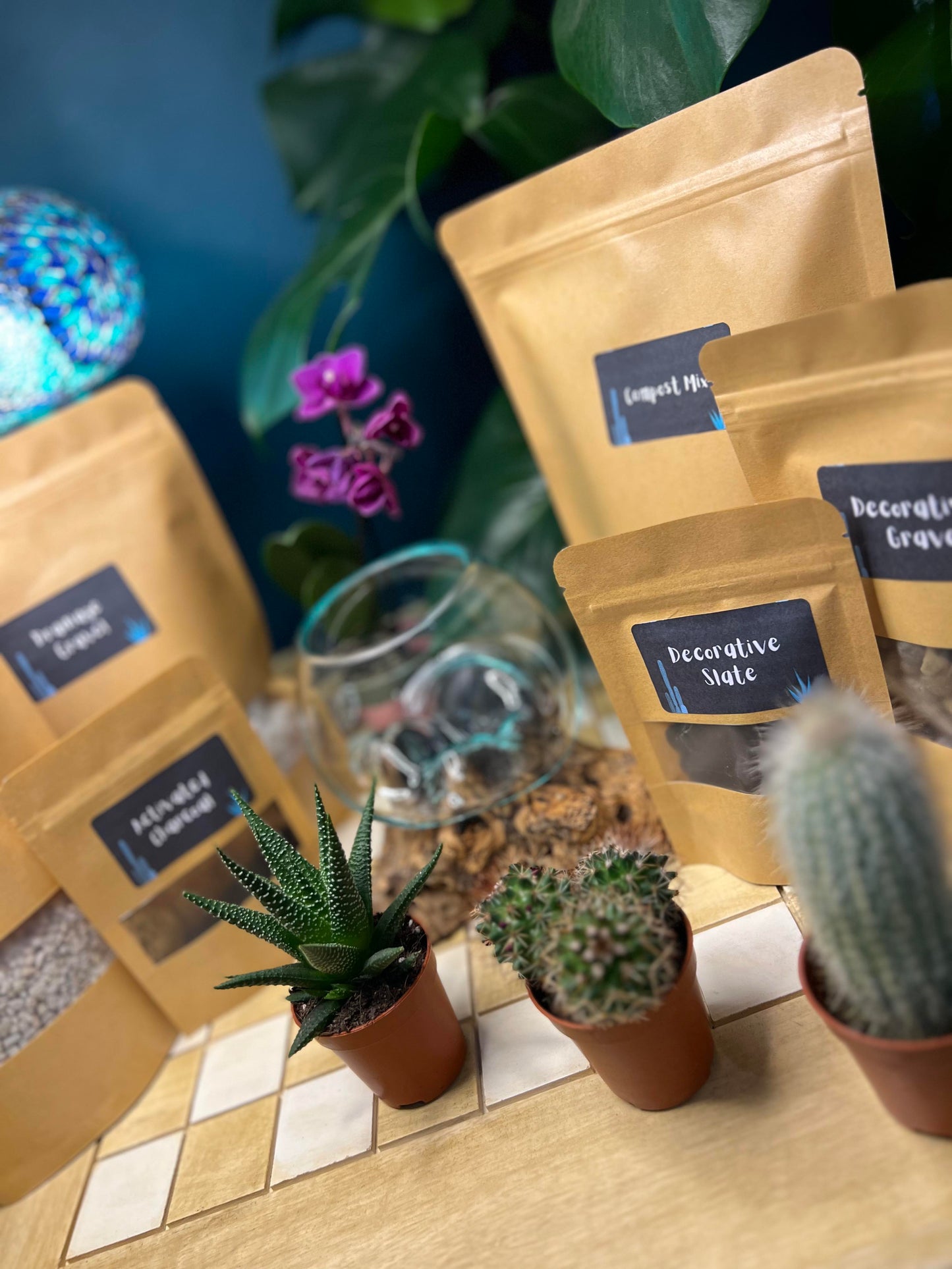 Small Molten Glass On Wood Terrarium, DIY Kit 1 (Plants, Gravel, Deco & Tools Included)