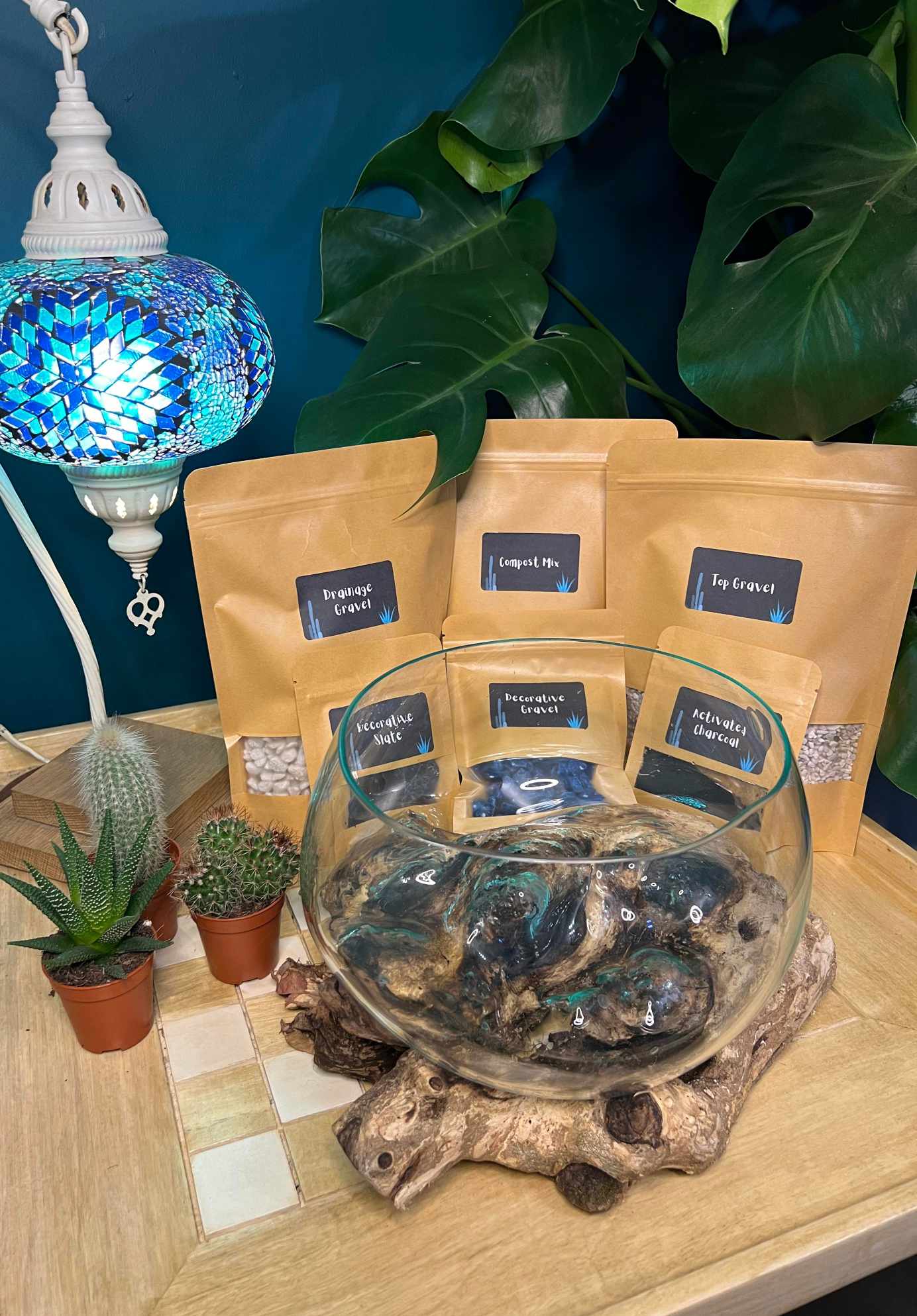 Large Wide Molten Glass On Wood Terrarium, DIY Kit 4 (Plants, Gravel, Deco & Tools Included)